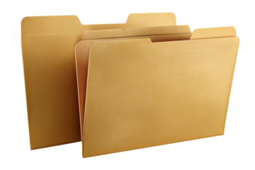 Two golden manila file folders with tabs on a black background yellow, Isolated On Transparent Background, Png Cut Out