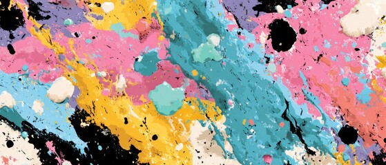 Vibrant abstract paint splatter with pastel pools background black