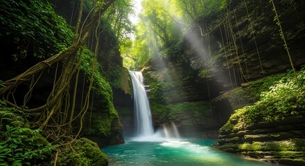 Sunlight streams through lush jungle canopy illuminating a stunning waterfall cascading into turquoise pool