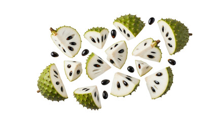 Floating Soursop Segments and Seeds: A Tropical Fruit Medley on a Clean White Canvas