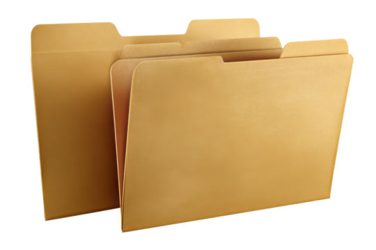Two golden manila file folders with tabs on a black background yellow, Isolated On Transparent Background, Png Cut Out