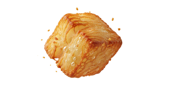 Elevated cube-shaped pastry showcasing its golden layers against a clean white canvas background, offering an inviting view of bakery perfection