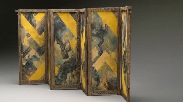 A decorative folding screen with watercolor art panels, yellow chevrons, and wooden frames