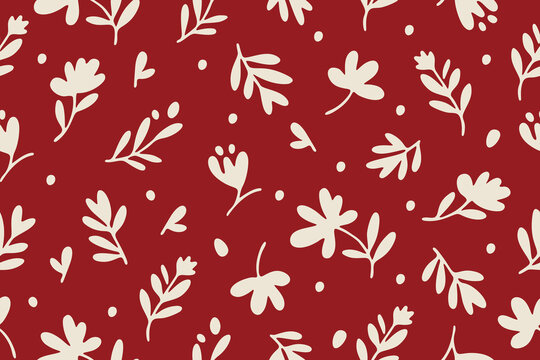 Elegant cream botanical shapes scattered on a deep red background, creating a warm, modern floral pattern perfect for textiles, wallpapers, and festive designs.
