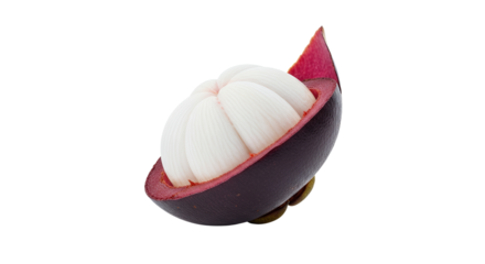 Exotic mangosteen fruit showcasing segmented pulp isolated against a bright white background, a delectable tropical treat ideal for healthy eating