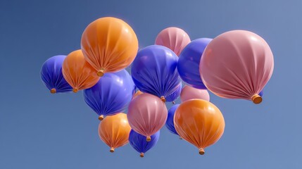 Colorful balloons in shades of orange, pink, and purple floating against a clear blue sky, creating a festive atmosphere and joyful ambiance for celebrations and events
