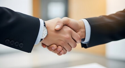 Two businessmen in suits shaking hands, symbolizing partnership and agreement in a professional setting