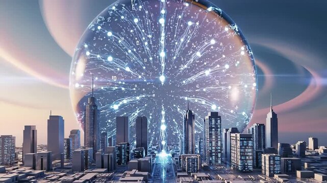 futuristic cityscape with digital sphere, technological wonder blending urban architecture and virtual networks, visionary concept of smart cities and innovations - Powered by Adobe