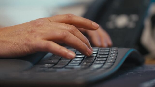 Hands Typing on Ergonomic Keyboard in Office