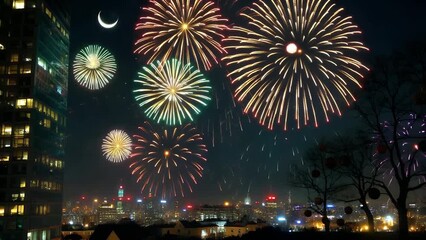 stunning 4K fireworks animation celebrating new year 2026 colorful explosions lighting night sky creating joyful festive memorable holiday atmosphere perfect stock video use