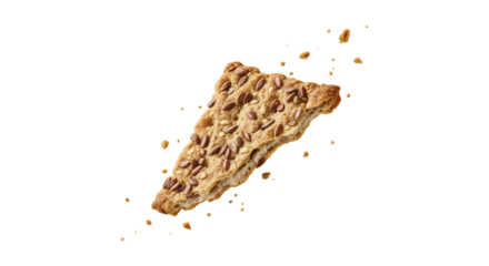 Artisanal flaxseed crispbread slice in dynamic levitation against a pristine white background scene