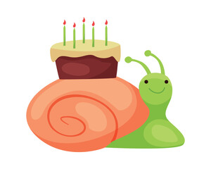 Smiling snail with birthday cake on shell, isolated on white background, perfect for celebration vector illustration