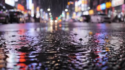 A vibrant urban night scene featuring wet streets, colorful neon reflections, and blurred city lights creating a lively and moody atmosphere.