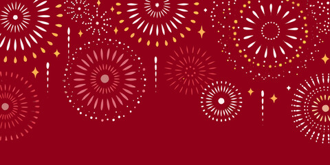 Festive red background with stylized fireworks and stars