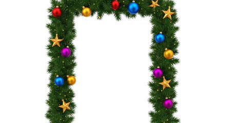 Christmas archway frame made of green fir tree garland decorated with colorful bauble ornament and gold star shape isolated on transparent background
