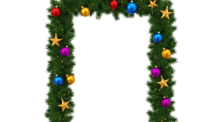 Christmas archway frame made of green fir tree garland decorated with colorful bauble ornament and gold star shape isolated on transparent background