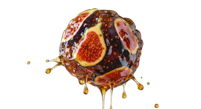 Exotic fig fruit delight drenched in cascading honey, a luscious still life presenting natural sweetness and vibrant texture with contrasting colors