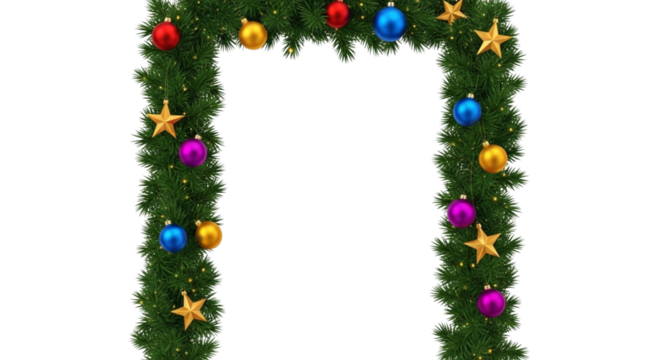 Christmas archway frame made of green fir tree garland decorated with colorful bauble ornament and gold star shape isolated on transparent background - Powered by Adobe