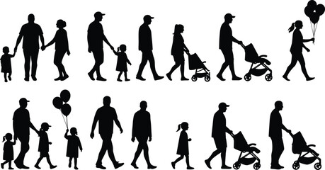 Title: Family Silhouette Vector Set, Parents and Children Walking Together, Stroller Use, Holding Hands, Balloons, Casual Outdoors Lifestyle, Black and White, Full Body Isolated