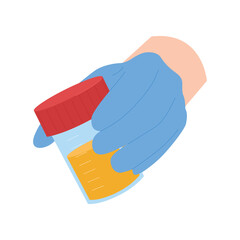 Isolated medical gloved hand holding urine test sample container for laboratory analysis vector illustration