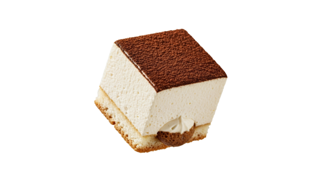 Tiramisu Delight: A Decadent Cube of Italian Dessert Indulgence Suspended in Time and Space Against a Pure White Canvas