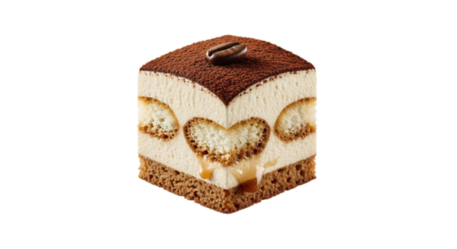 Captivating cube-shaped tiramisu dessert, dusted with cocoa powder and adorned with a single coffee bean, on an isolated background