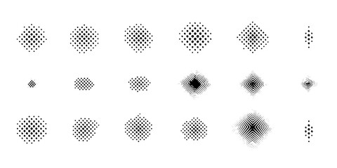 Abstract halftone dot patterns and geometric shapes