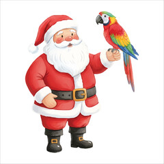Santa Claus holding a colorful parrot, bright Christmas watercolor illustration on white background
