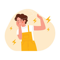 Confused young person feeling dizzy and unwell with vertigo symptoms on isolated background vector illustration