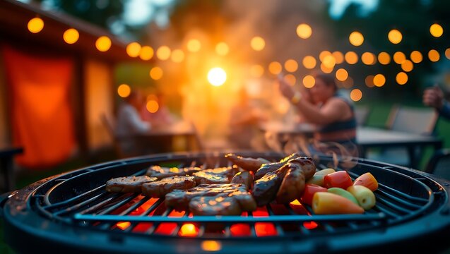 Close up of barbecue grill with meat and vegetable with blurred people in background at night - Powered by Adobe