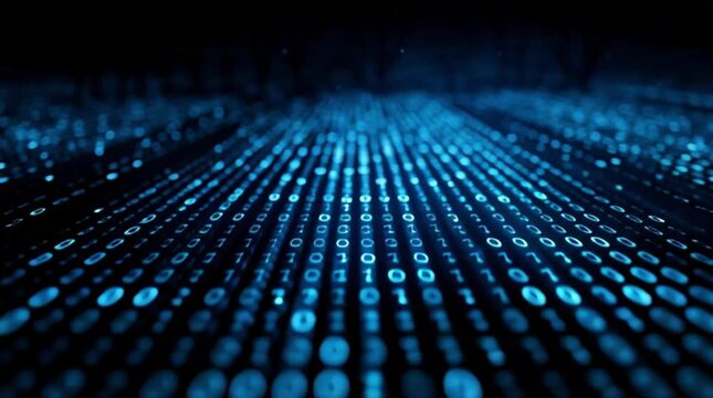 Dynamic blue binary code stream flowing across dark screen represents data processing, cybersecurity, or futuristic technology concept