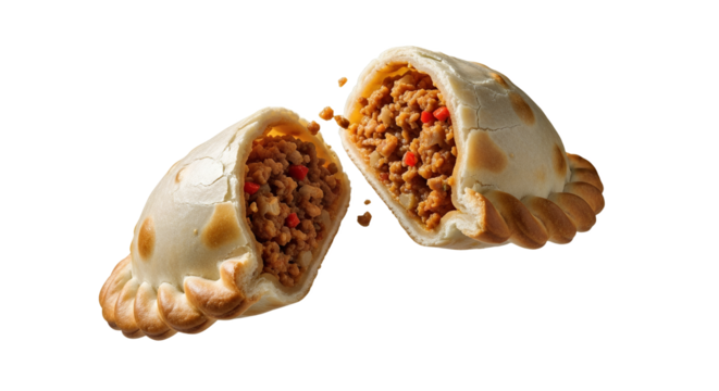 Delicious argentinian empanada reveals savory ground beef filling on a white background showcasing culinary craftsmanship and culinary heritage