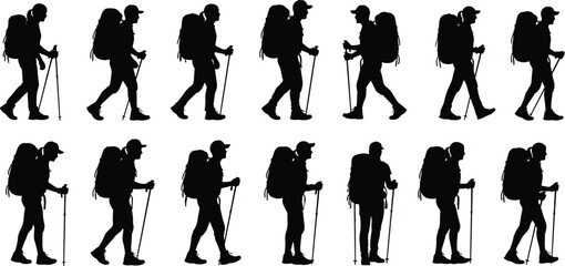 Hiking people silhouettes, set of vector illustrations of male and female trekkers, backpackers, hikers with backpacks and trekking poles, walking or standing, full body profile.