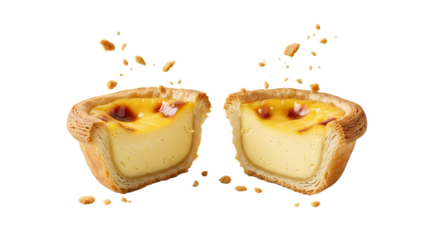 Halved egg tart with flaky crust and smooth custard against a pure white backdrop capturing its deliciousness and textural contrast