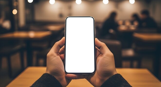 Un primer plano de una persona que sostiene un teléfono inteligente con ambas manos con la pantalla hacia adelante, el teléfono tiene una pantalla en blanco y en blanco Vista superior de las manos usa - Powered by Adobe