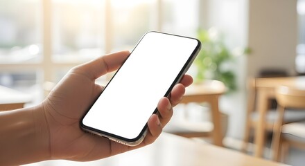 Imagen simulada de un hombre sosteniendo un teléfono móvil negro con una pantalla blanca en blanco en una cafetería