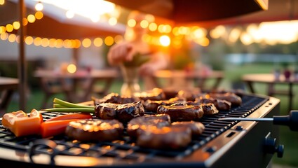 Close up of a barbecue grill with meat and vegetables cooking on it with people in the background