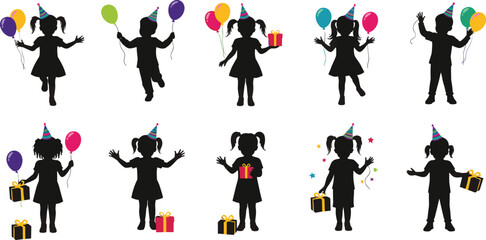 Kids Birthday Party Silhouettes Set, Children Wearing Party Hats Holding Gifts, Colored Balloons, and Confetti for Fun Celebration Vector