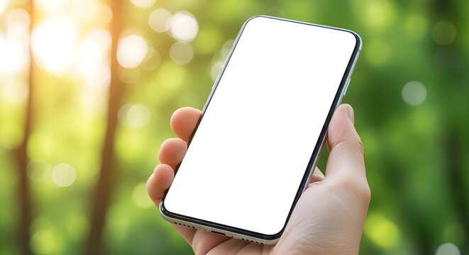Imagen simulada de una mano sosteniendo una pantalla en blanco de un tel&eacute;fono inteligente sobre un fondo verde bokeh borroso.