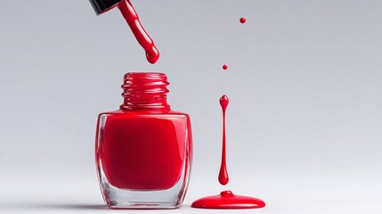 Vibrant red nail polish bottle with brush dripping color, showcasing glossy texture and dynamic movement, perfect for beauty and cosmetic product promotion in modern design