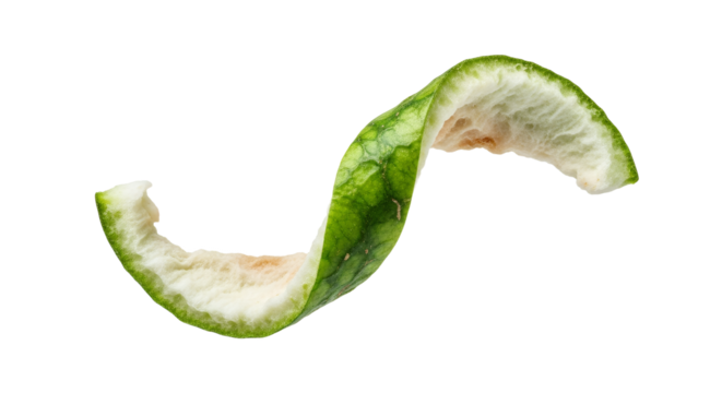 Artistic depiction of a spiraling lime peel exhibiting a vibrant green exterior and an off-white interior texture isolated against a stark white