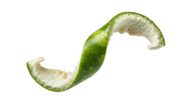 Artistic representation of a vibrant green citrus peel, captured in a minimalist composition emphasizing its elegant curve and pristine presentation