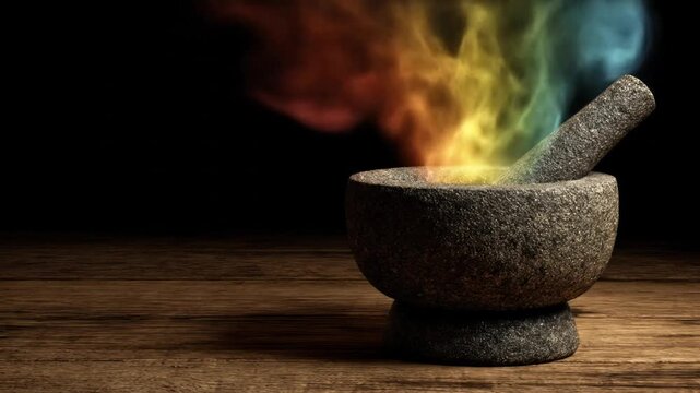 Stone mortar and pestle releasing colorful smoke on a wooden surface with a black background