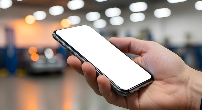 Una persona sostiene un tel&eacute;fono inteligente en un garaje, enfoc&aacute;ndose en el dispositivo mientras un autom&oacute;vil se ve borroso en el fondo