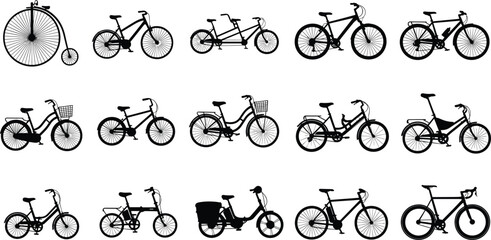 Large vector set of bicycle silhouettes, featuring classic, mountain, tandem, electric, and urban bikes, ideal for transportation, cycling, and eco-friendly design concepts.