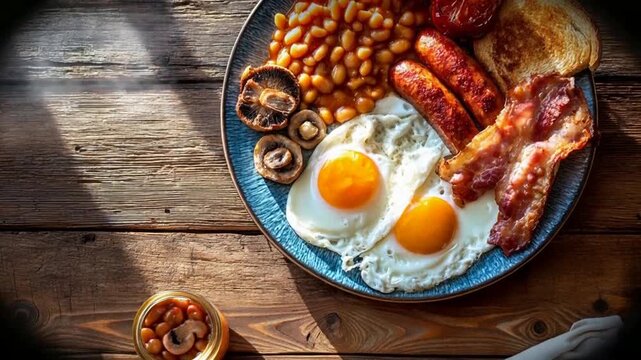 Hearty Full English Breakfast with Eggs, Bacon, Sausages, Beans, and Toast.