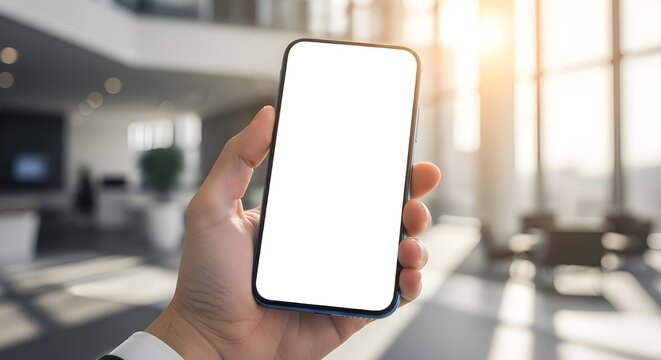 Mano sosteniendo un tel&eacute;fono inteligente con pantalla blanca en blanco en un entorno de oficina borroso.