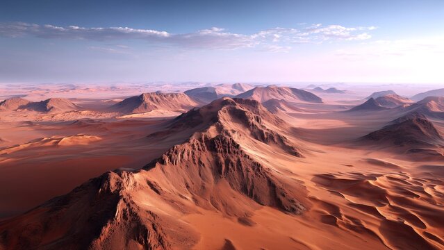 Vast desert landscape exhibiting towering mountains surrounded by endless sand dunes under a clear sky, symbolizing isolation, exploration, and natural beauty