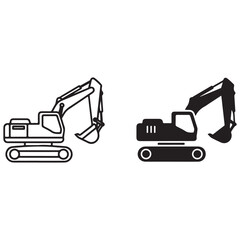 Stylized Excavator Graphics: Outline and Silhouette Icons