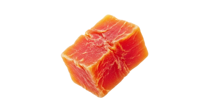 Isolated vibrant cubed confectionary delicacy, showcasing textured surface and hovering shadow against clean minimalistic background providing a